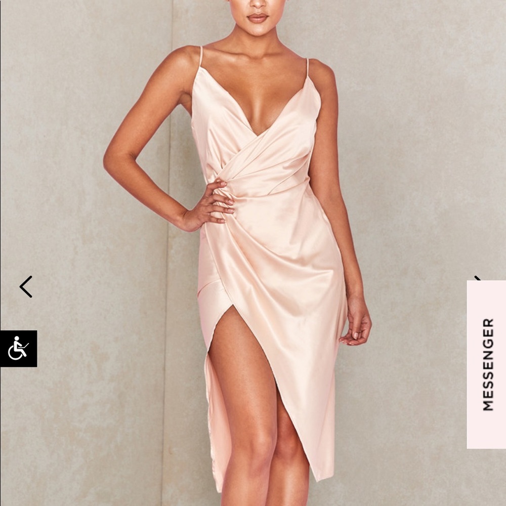 House of CB Coco Beige Satin Drape Back Dress XS